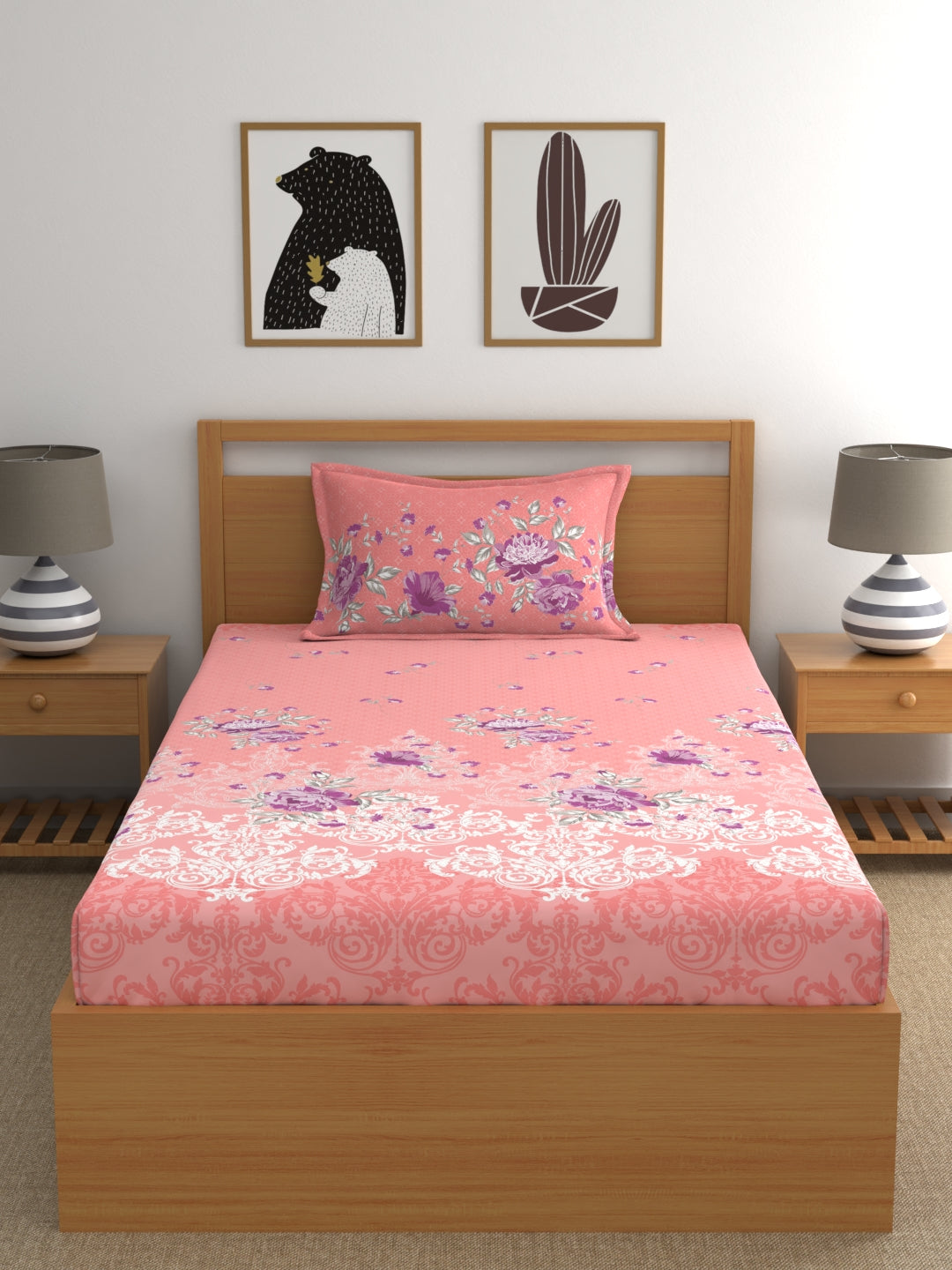 Dreamscape 100% Cotton Floral Bedsheet Set | 140 TC | Pink