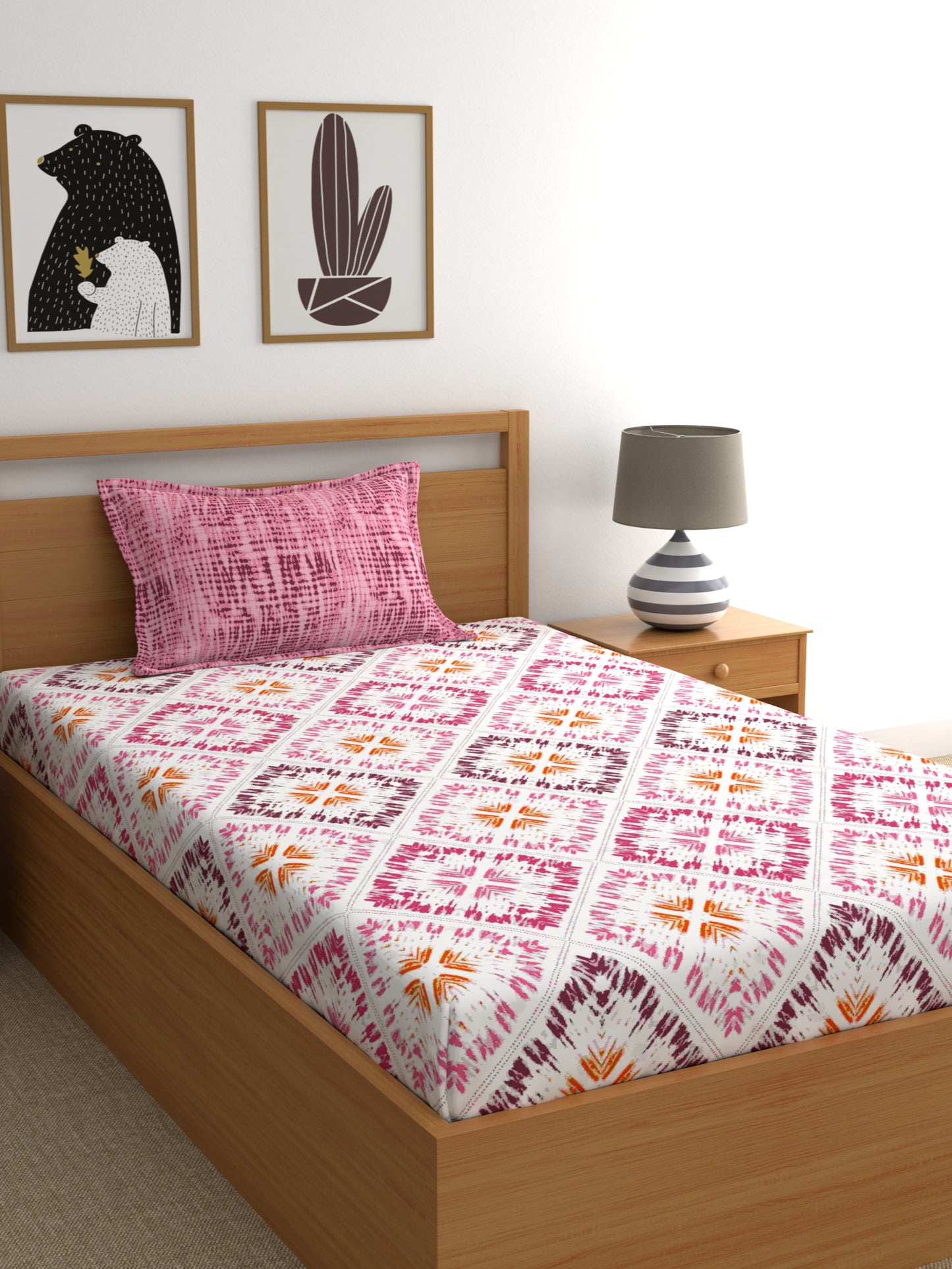 Dreamscape 100% Cotton Abstract Bedsheet Set | 140 TC | Pink