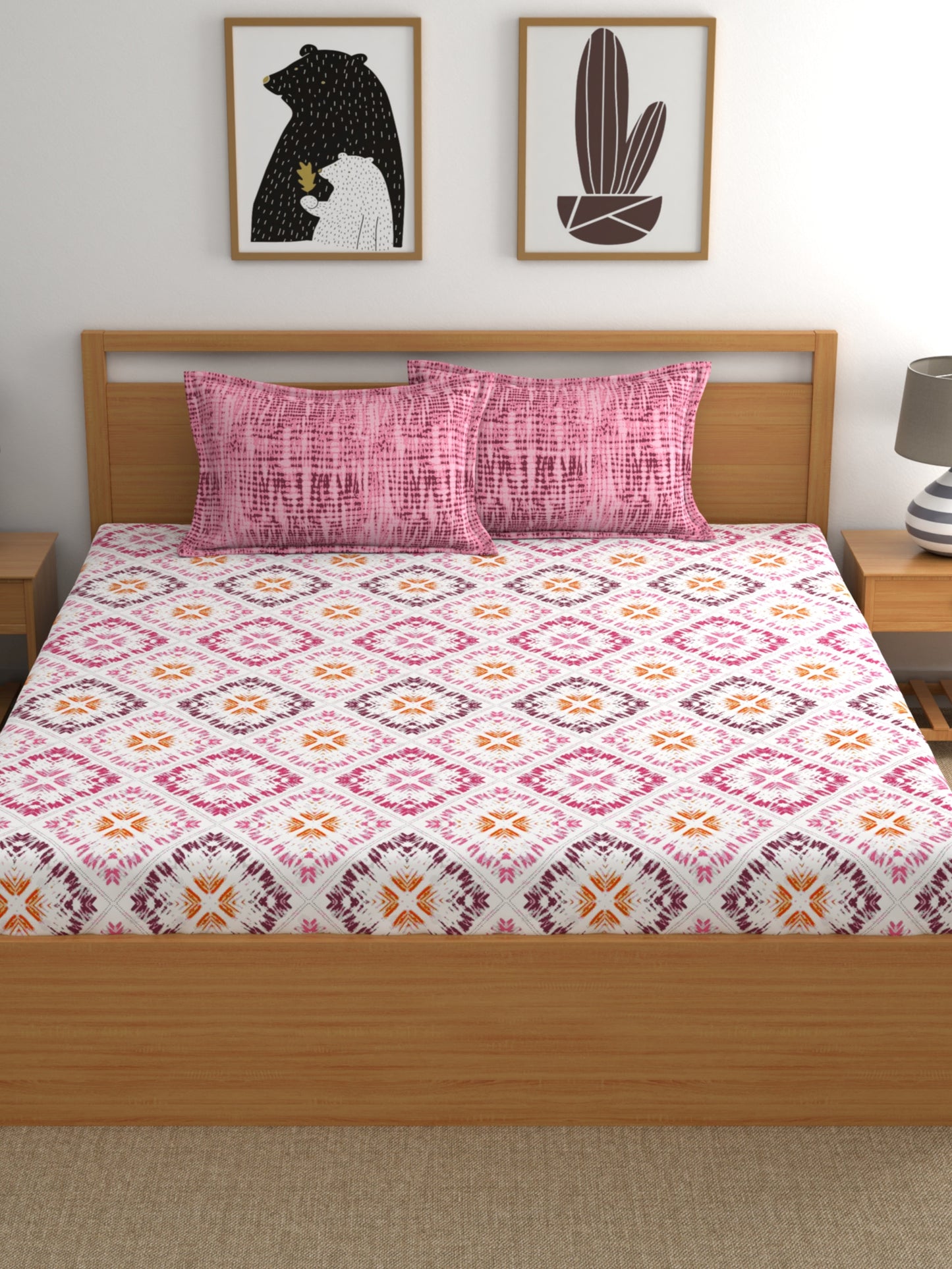 Dreamscape 100% Cotton Abstract Bedsheet Set | 140 TC | Pink