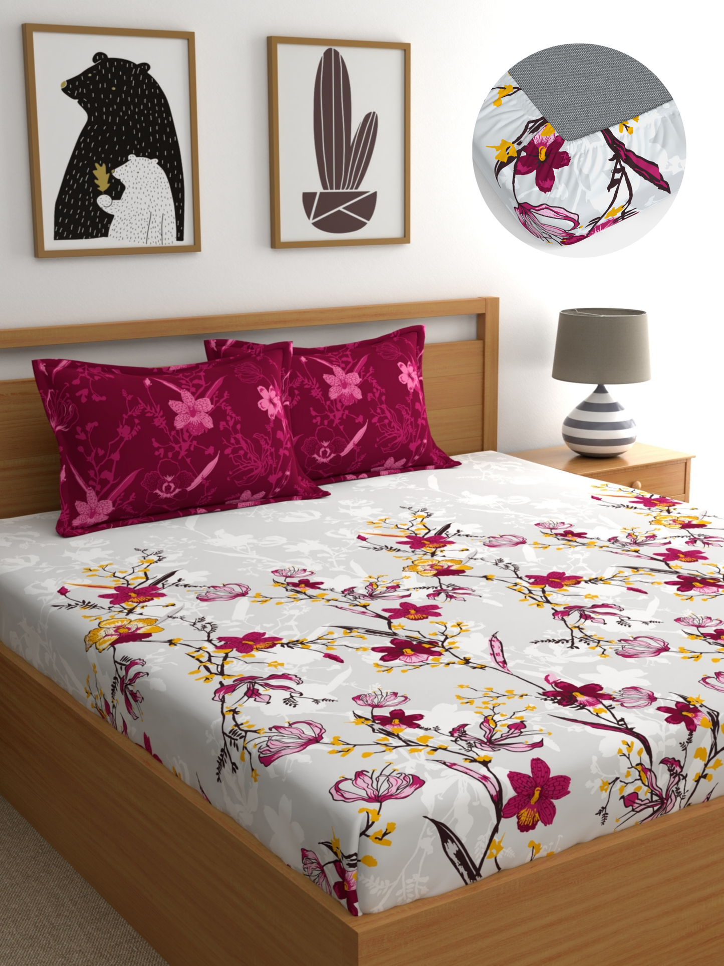 Dreamscape 100% Cotton 140 TC Floral Bedsheet Set - Colour: Dark Pink