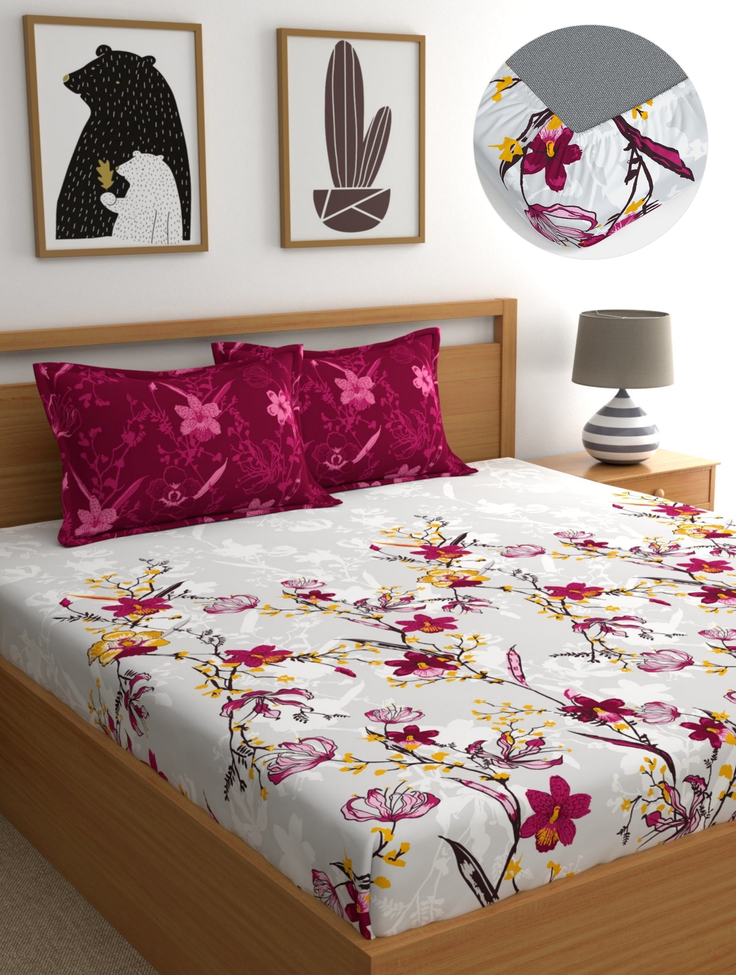 Dreamscape 100% Cotton 140 TC Floral Bedsheet Set - Colour: Dark Pink