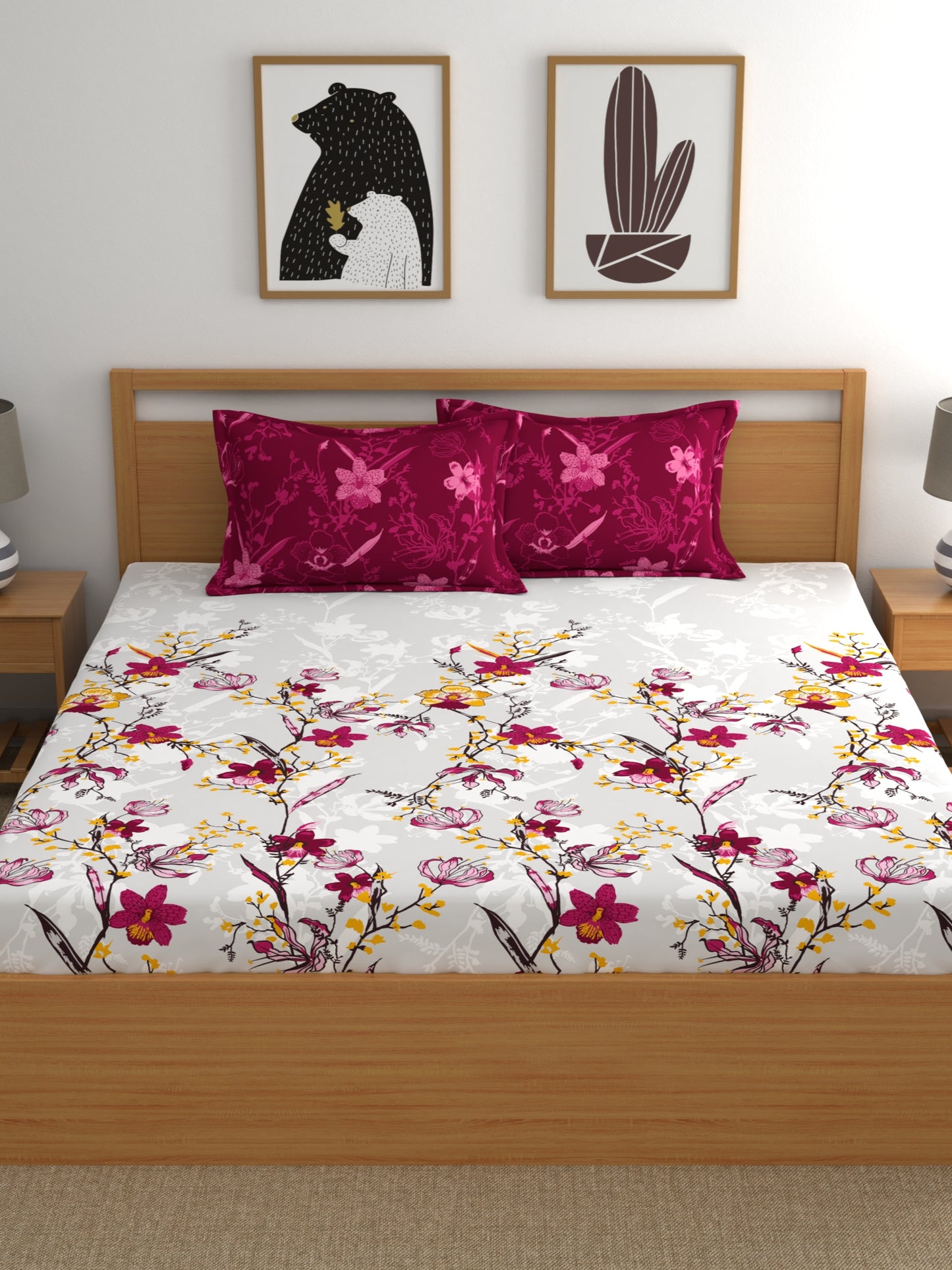 Dreamscape 100% Cotton 140 TC Floral Bedsheet Set - Colour: Dark Pink