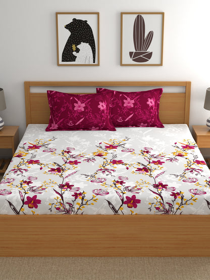 Dreamscape 100% Cotton 140 TC Floral Bedsheet Set - Colour: Dark Pink