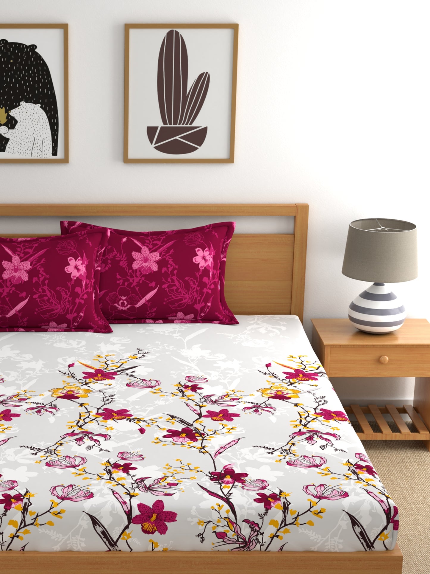 Dreamscape 100% Cotton 140 TC Floral Bedsheet Set - Colour: Dark Pink