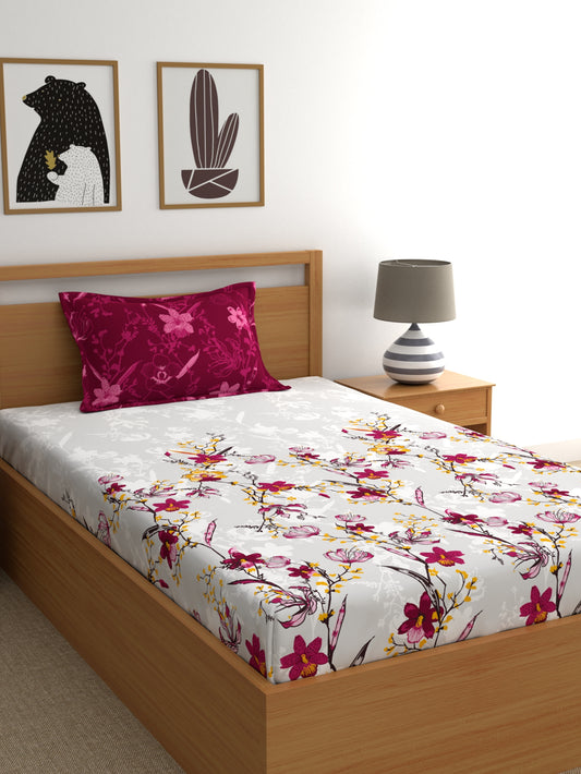 Dreamscape 100% Cotton 140 TC Floral Bedsheet Set - Colour: Dark Pink
