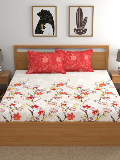 Dreamscape 100% Cotton Floral Bedsheet Set | 140 TC | Tomato