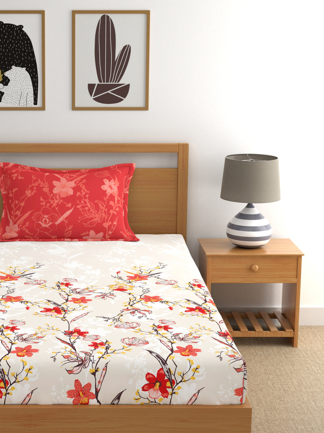 Dreamscape 100% Cotton Floral Bedsheet Set | 140 TC | Tomato