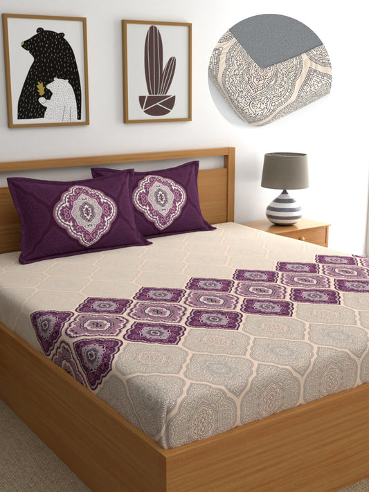 Dreamscape 100% Cotton 140 TC Ethnic Bedsheet Set - Colour: Purple