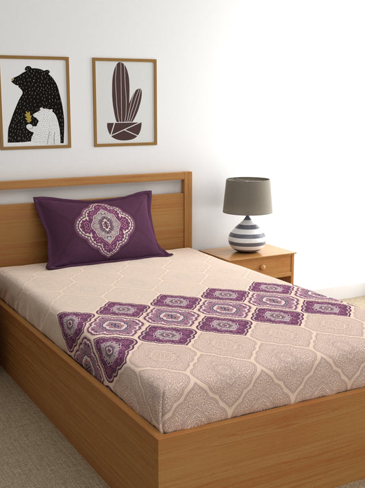 Dreamscape 100% Cotton 140 TC Floral Bedsheet Set - Colour: Purple