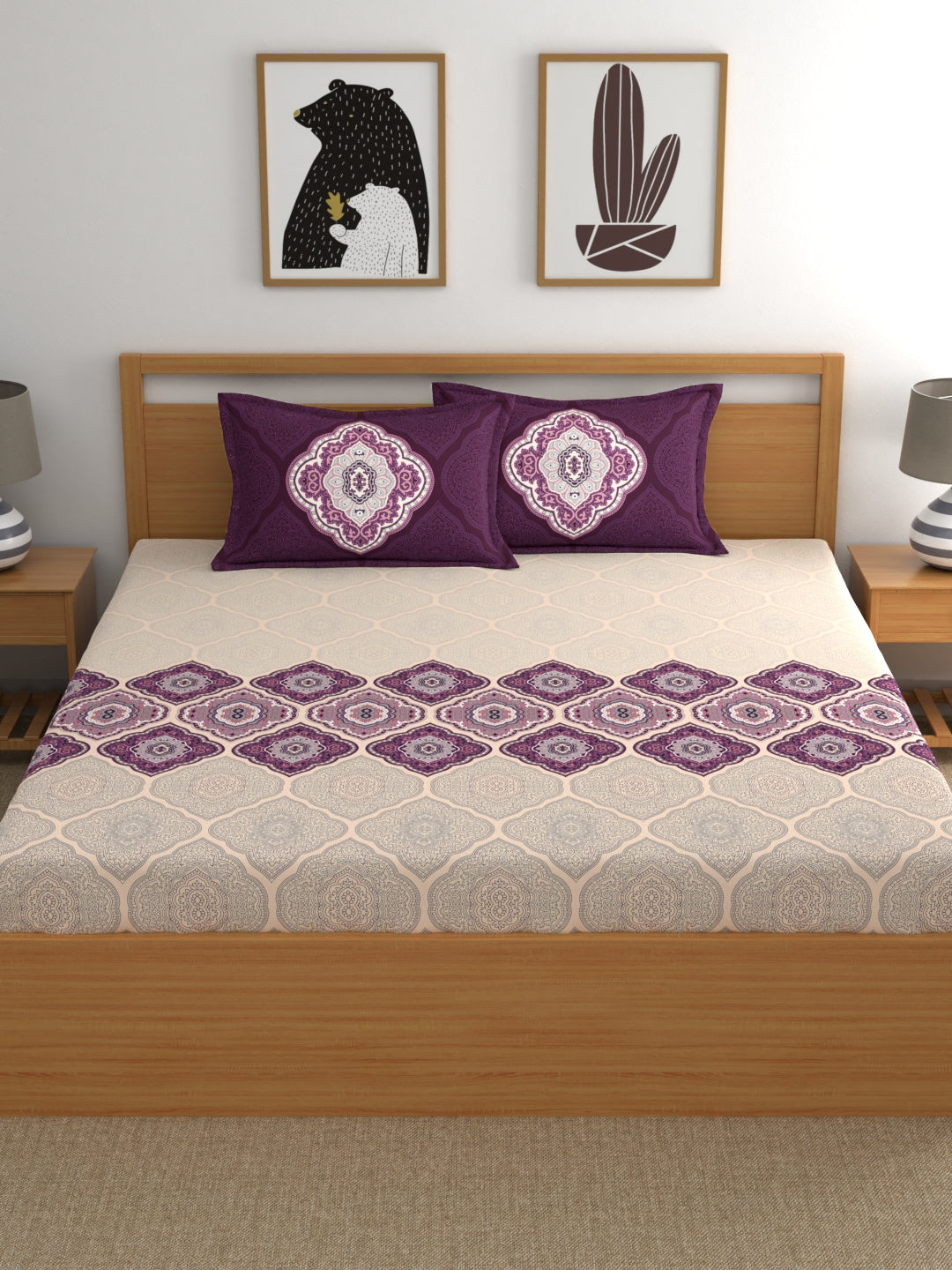 Dreamscape 100% Cotton 140 TC Ethnic Bedsheet Set - Colour: Purple