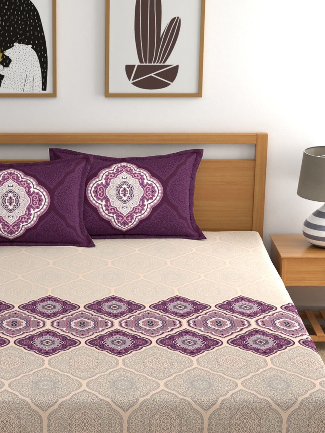 Dreamscape 100% Cotton 140 TC Ethnic Bedsheet Set - Colour: Purple