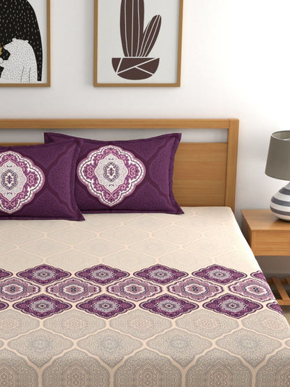 Dreamscape 100% Cotton 140 TC Ethnic Bedsheet Set - Colour: Purple