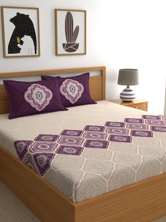 Dreamscape 100% Cotton 140 TC Ethnic Bedsheet Set - Colour: Purple
