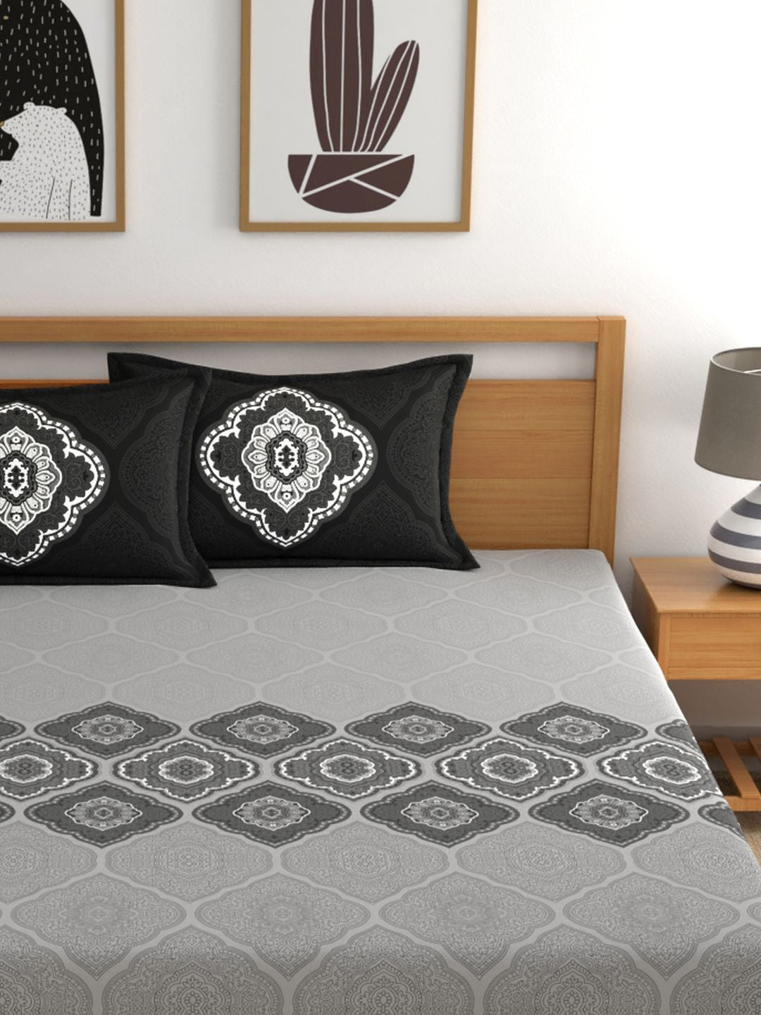 Dreamscape 100% Cotton 140 TC Ethnic Bedsheet Set - Colour: Dark Grey
