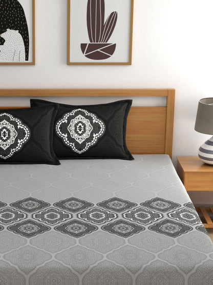Dreamscape 100% Cotton 140 TC Ethnic Bedsheet Set - Colour: Dark Grey