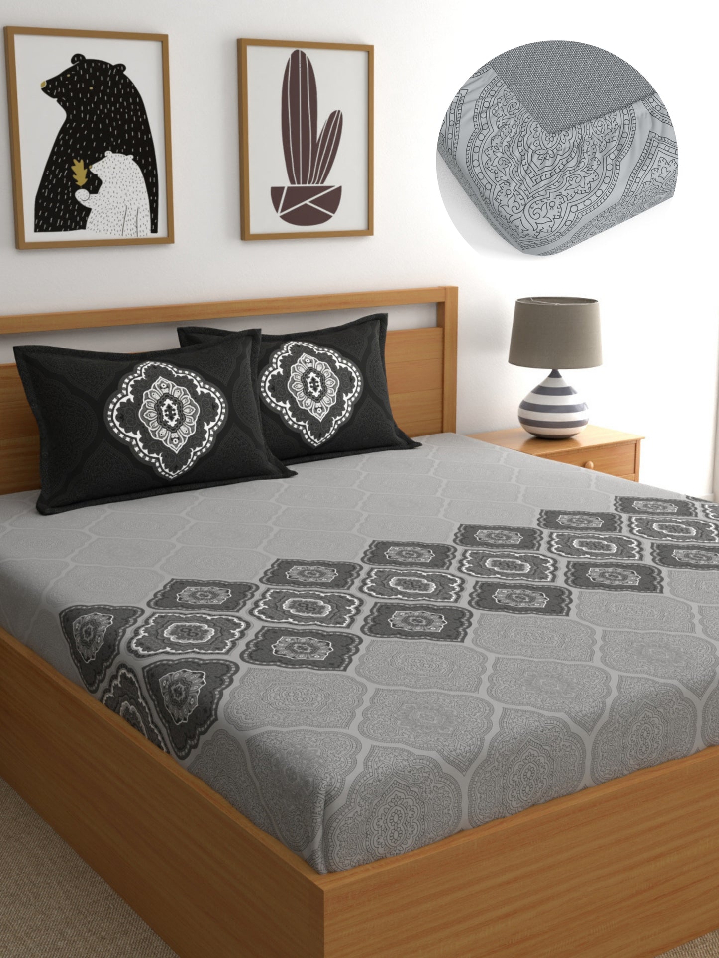 Dreamscape 100% Cotton 140 TC Ethnic Bedsheet Set - Colour: Dark Grey