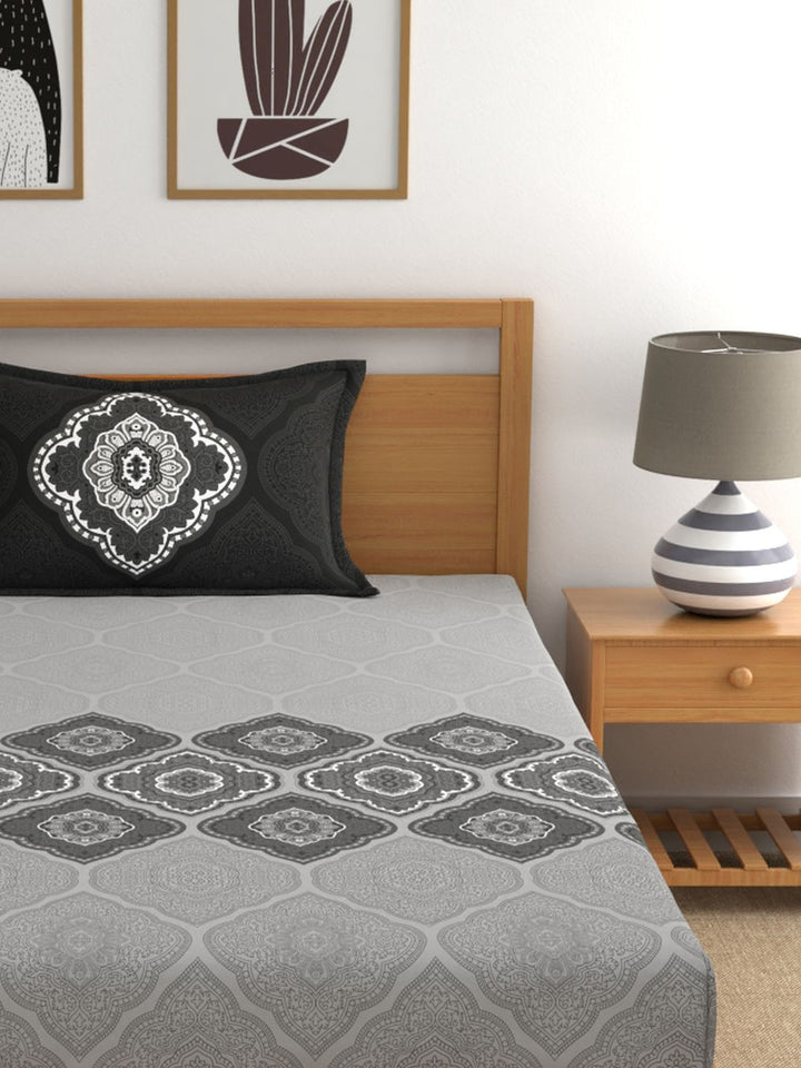 Dreamscape 100% Cotton Ethnic Bedsheet Set | 140 TC | Grey