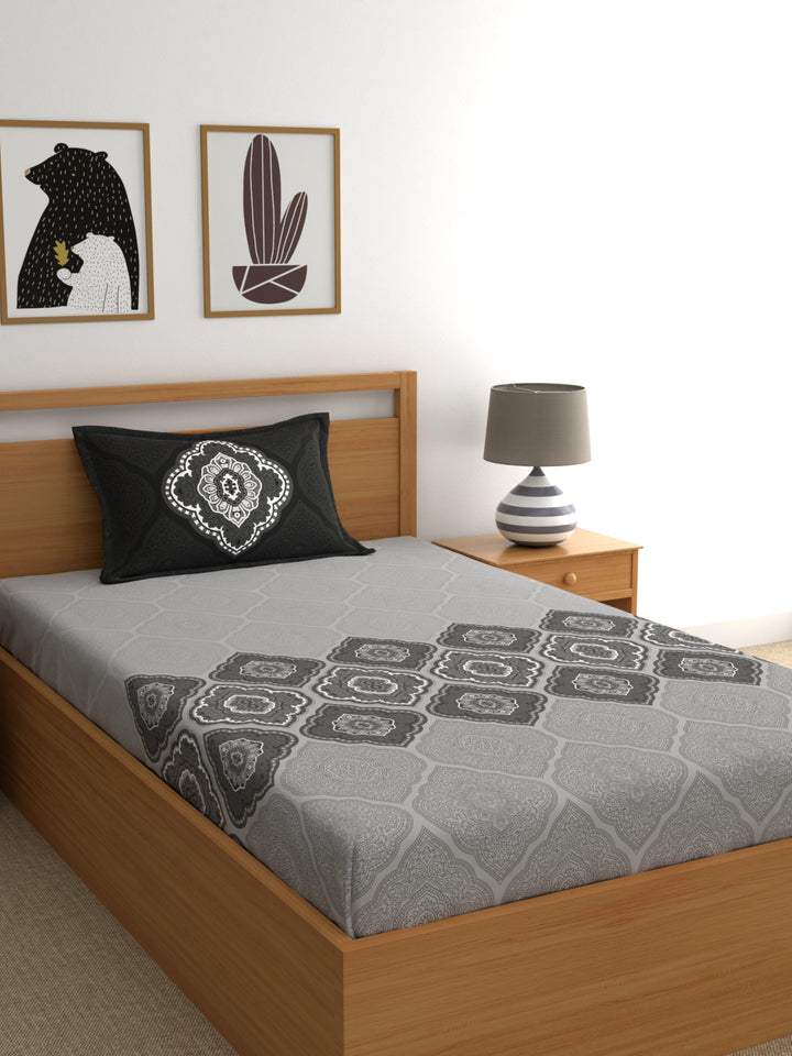 Dreamscape 100% Cotton Ethnic Bedsheet Set | 140 TC | Grey