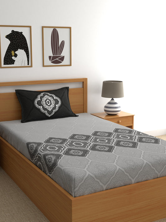 Dreamscape 100% Cotton Ethnic Bedsheet Set | 140 TC | Grey