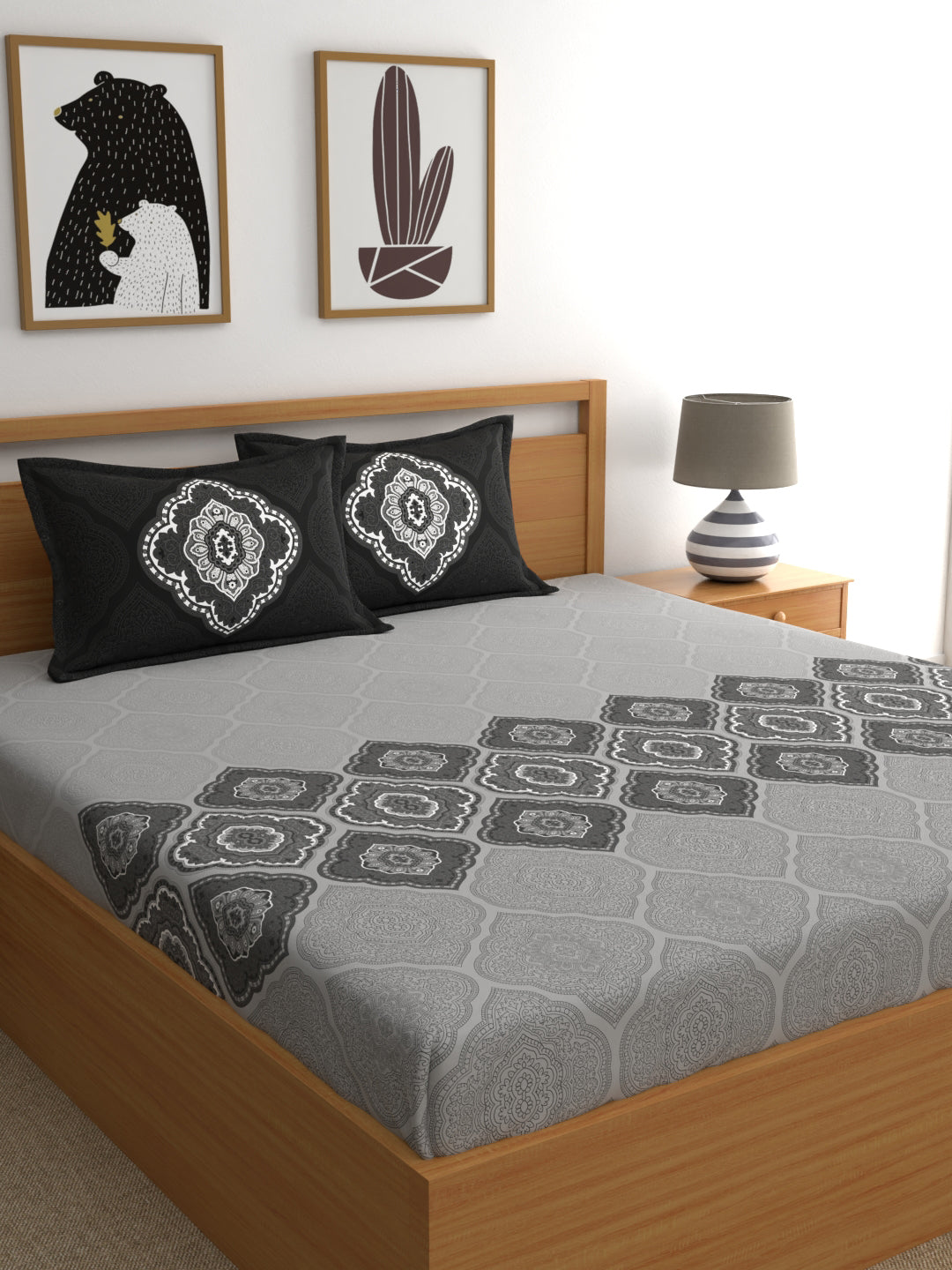 Dreamscape 100% Cotton Ethnic Bedsheet Set | 140 TC | Grey