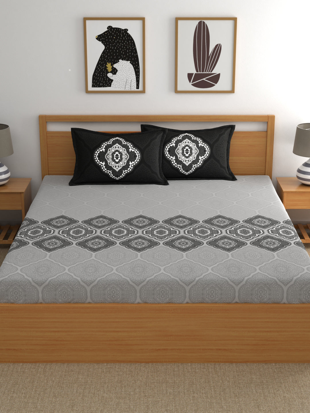Dreamscape 100% Cotton Ethnic Bedsheet Set | 140 TC | Grey