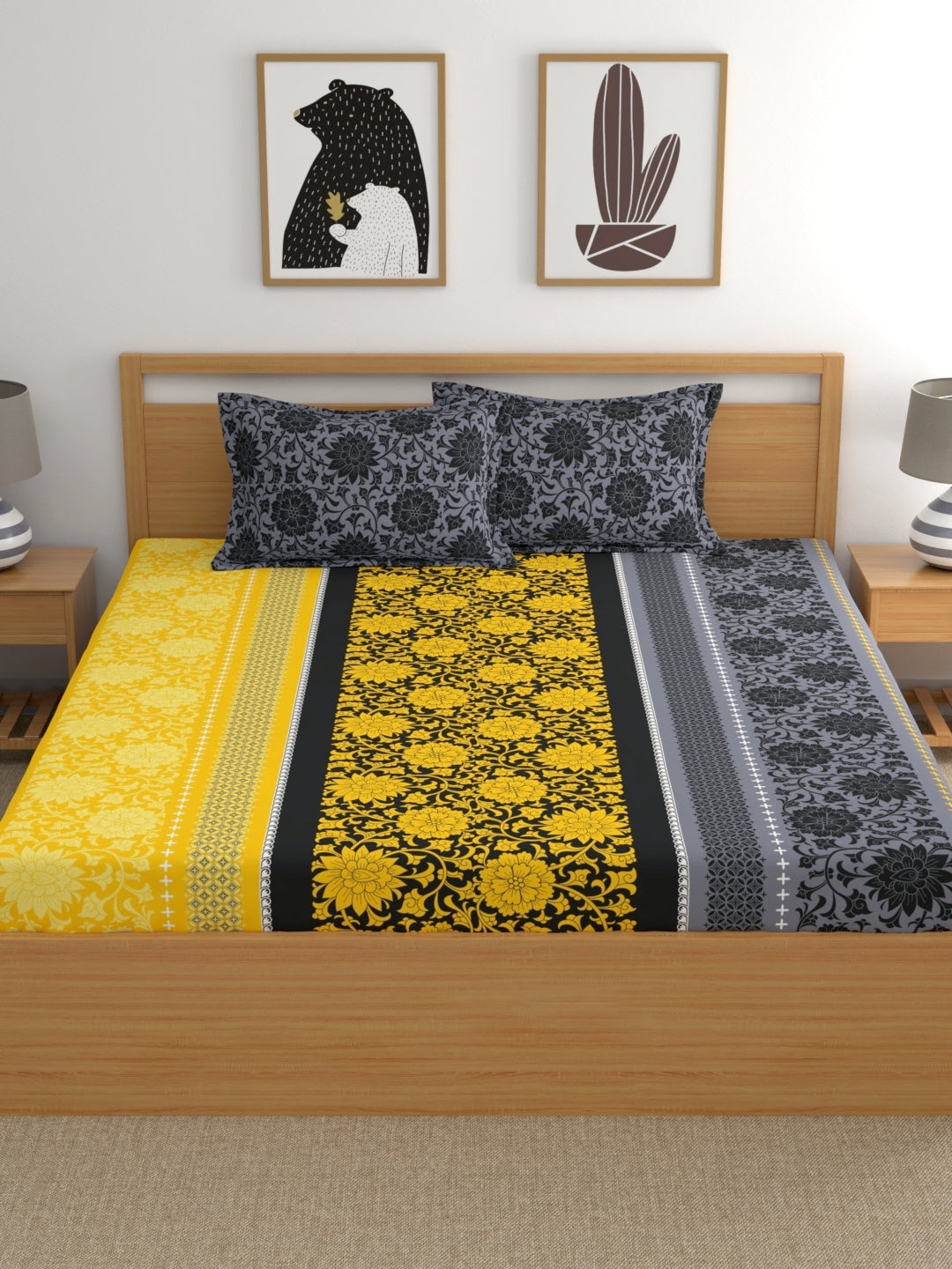 Dreamscape 100% Cotton Floral Bedsheet Set | 140 TC | Yellow