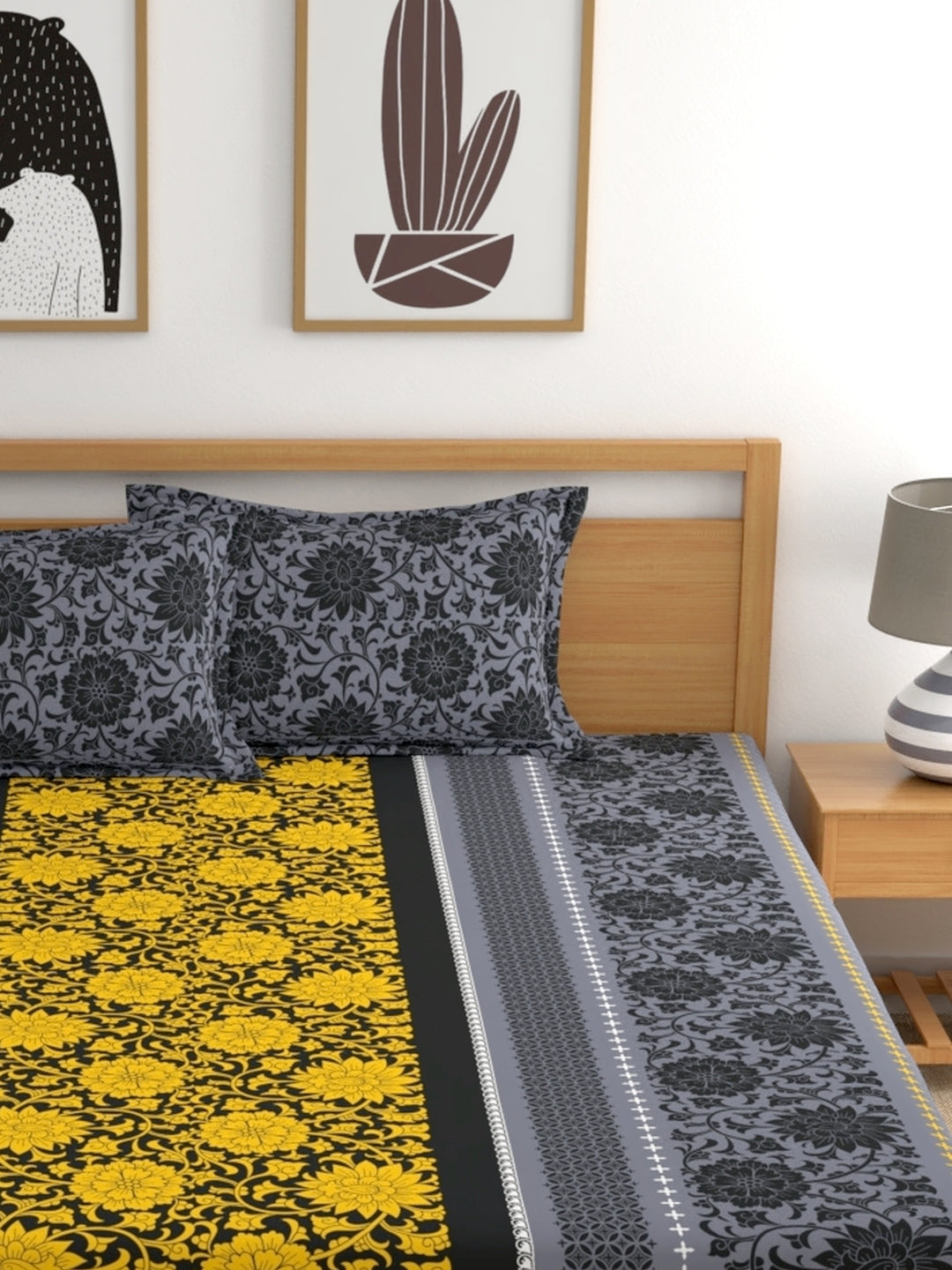 Dreamscape 100% Cotton Floral Bedsheet Set | 140 TC | Yellow