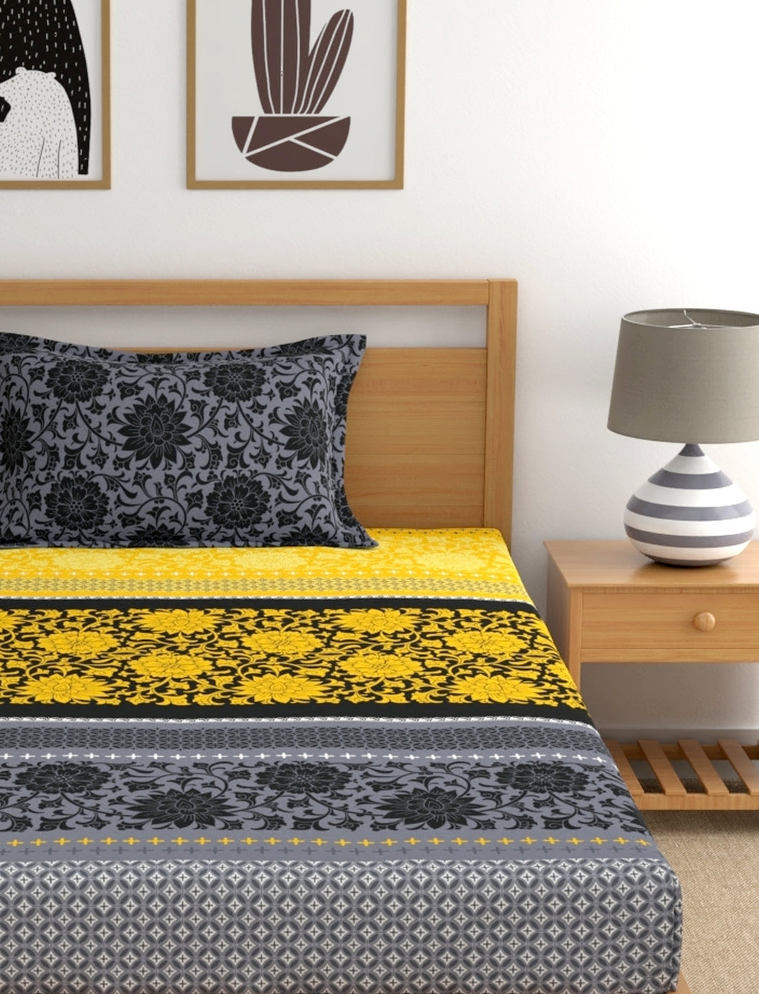 Dreamscape 100% Cotton Floral Bedsheet Set | 140 TC | Yellow