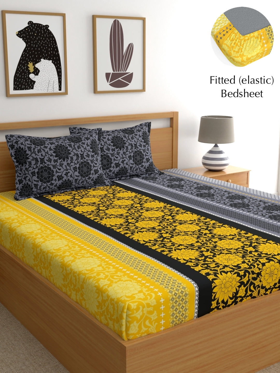 Dreamscape 100% Cotton 140 TC Floral Bedsheet Set - Colour: Yellow