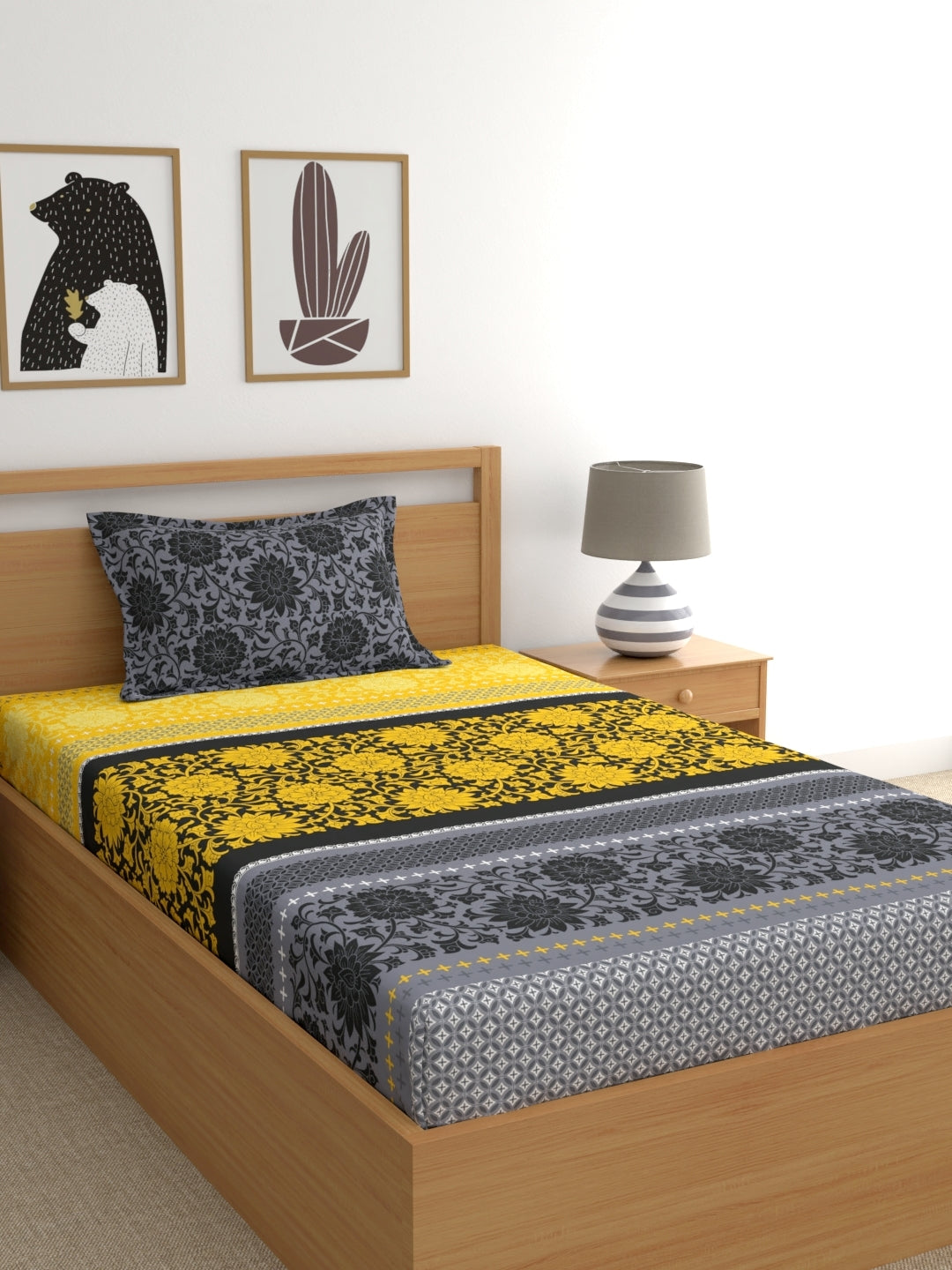 Dreamscape 100% Cotton Floral Bedsheet Set | 140 TC | Yellow