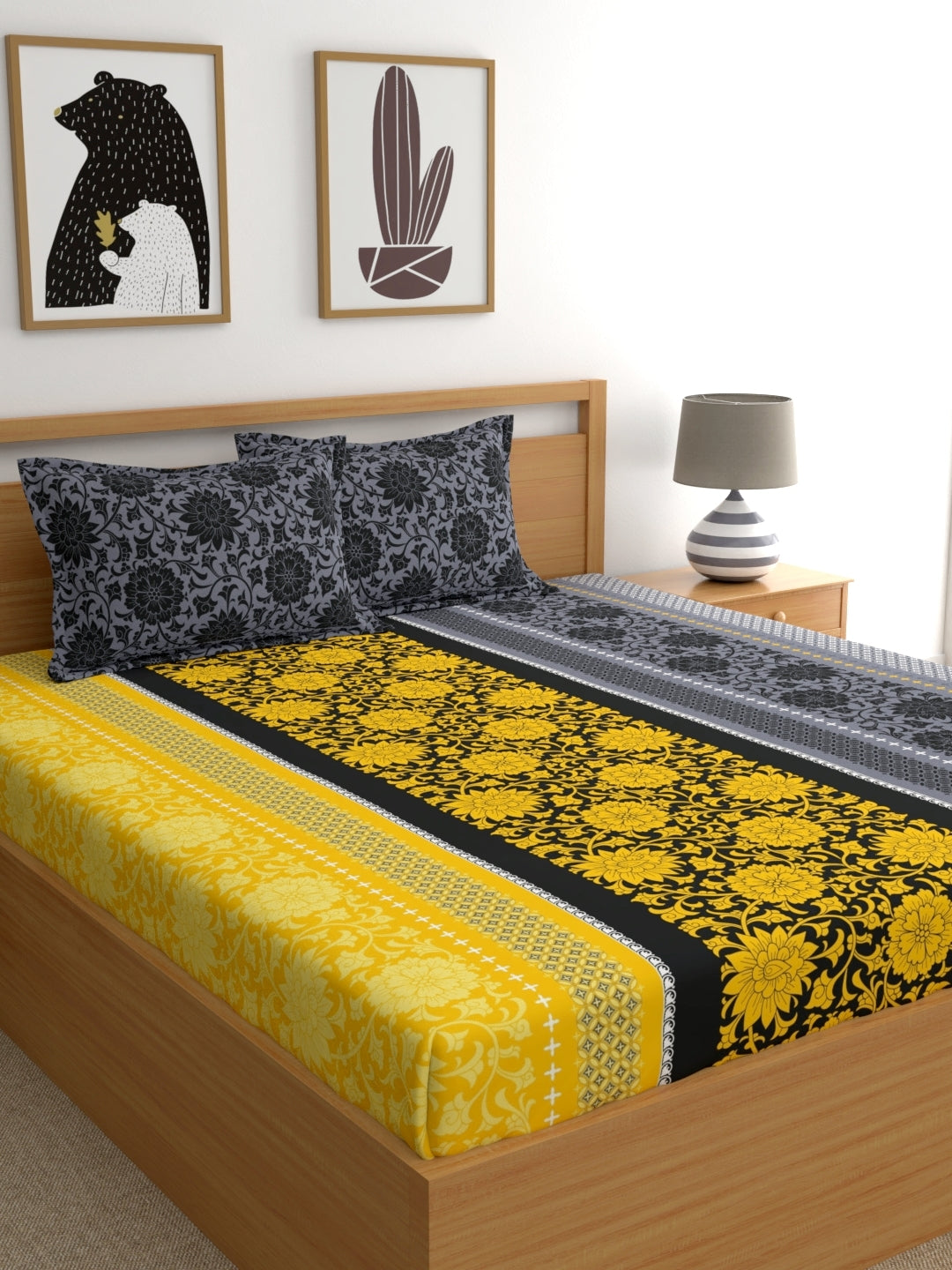 Dreamscape 100% Cotton Floral Bedsheet Set | 140 TC | Yellow