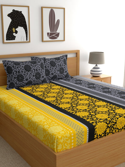 Dreamscape 100% Cotton Floral Bedsheet Set | 140 TC | Yellow