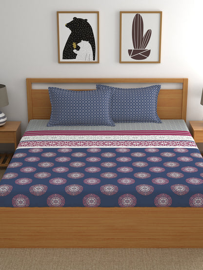 Dreamscape 100% Cotton Ethnic Bedsheet Set | 140 TC | Blue