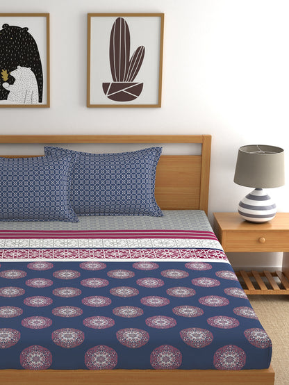 Dreamscape 100% Cotton Ethnic Bedsheet Set | 140 TC | Blue