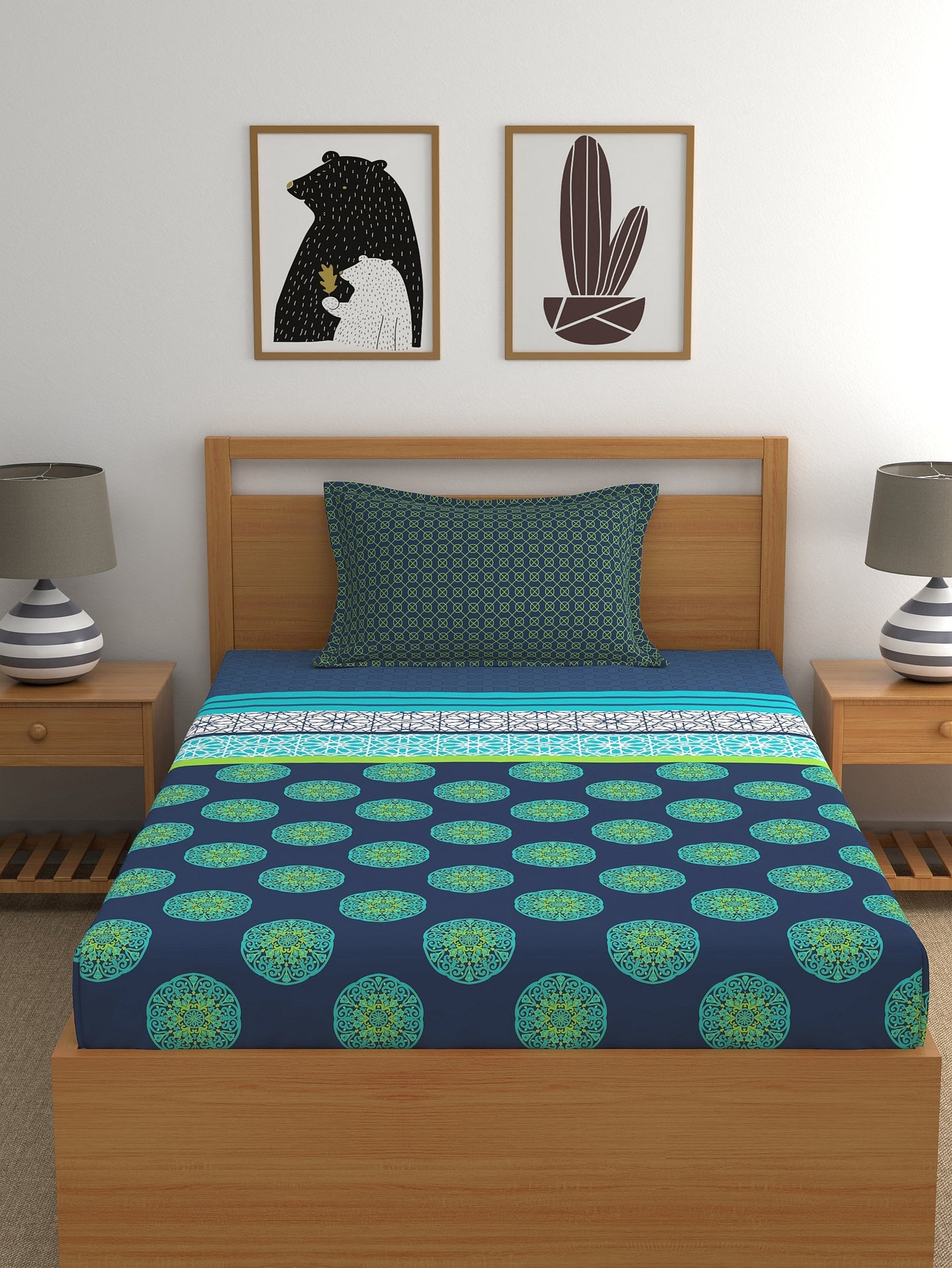 Dreamscape 100% Cotton Ethnic Bedsheet Set | 140 TC | Teal Blue