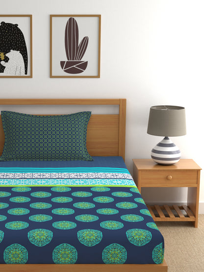 Dreamscape 100% Cotton Ethnic Bedsheet Set | 140 TC | Teal Blue