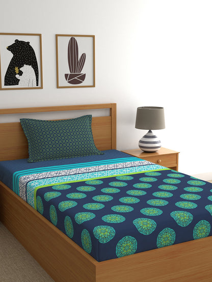 Dreamscape 100% Cotton Ethnic Bedsheet Set | 140 TC | Teal Blue