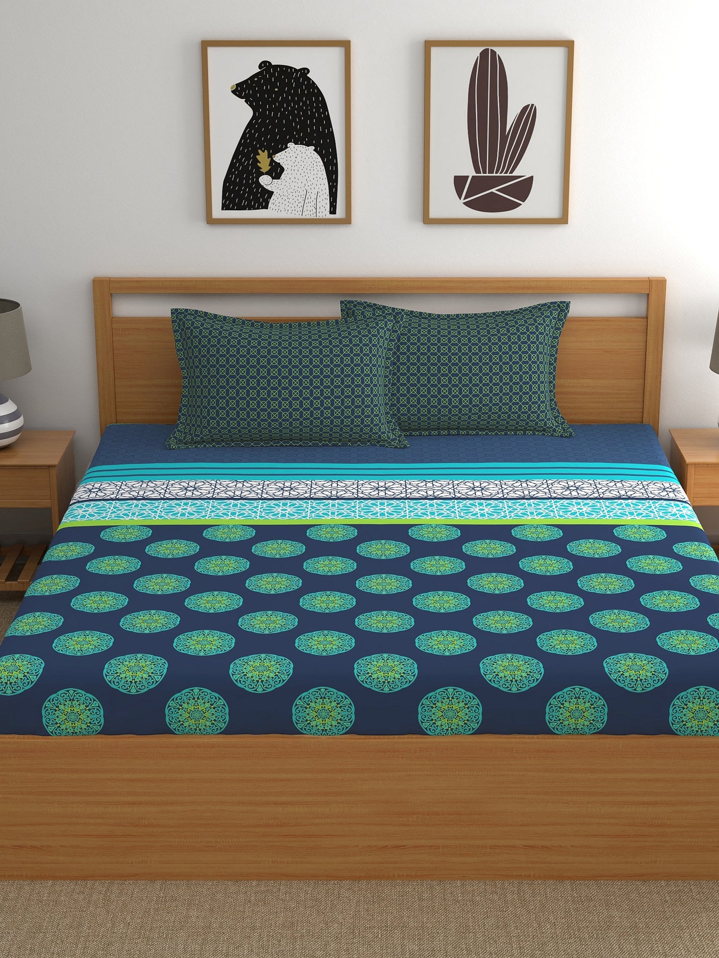 Dreamscape 100% Cotton Ethnic Bedsheet Set | 140 TC | Teal Blue