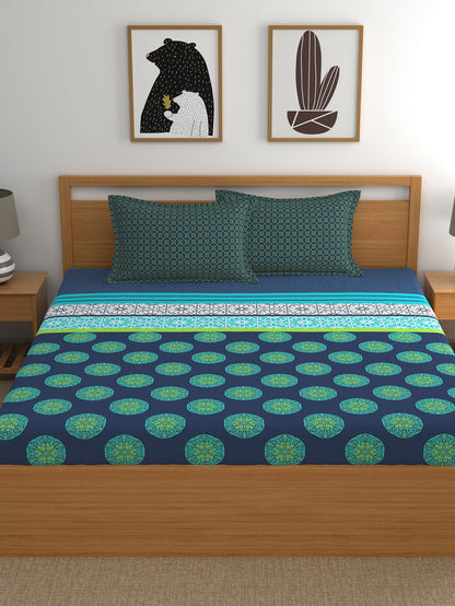 Dreamscape 100% Cotton Ethnic Bedsheet Set | 140 TC | Teal Blue