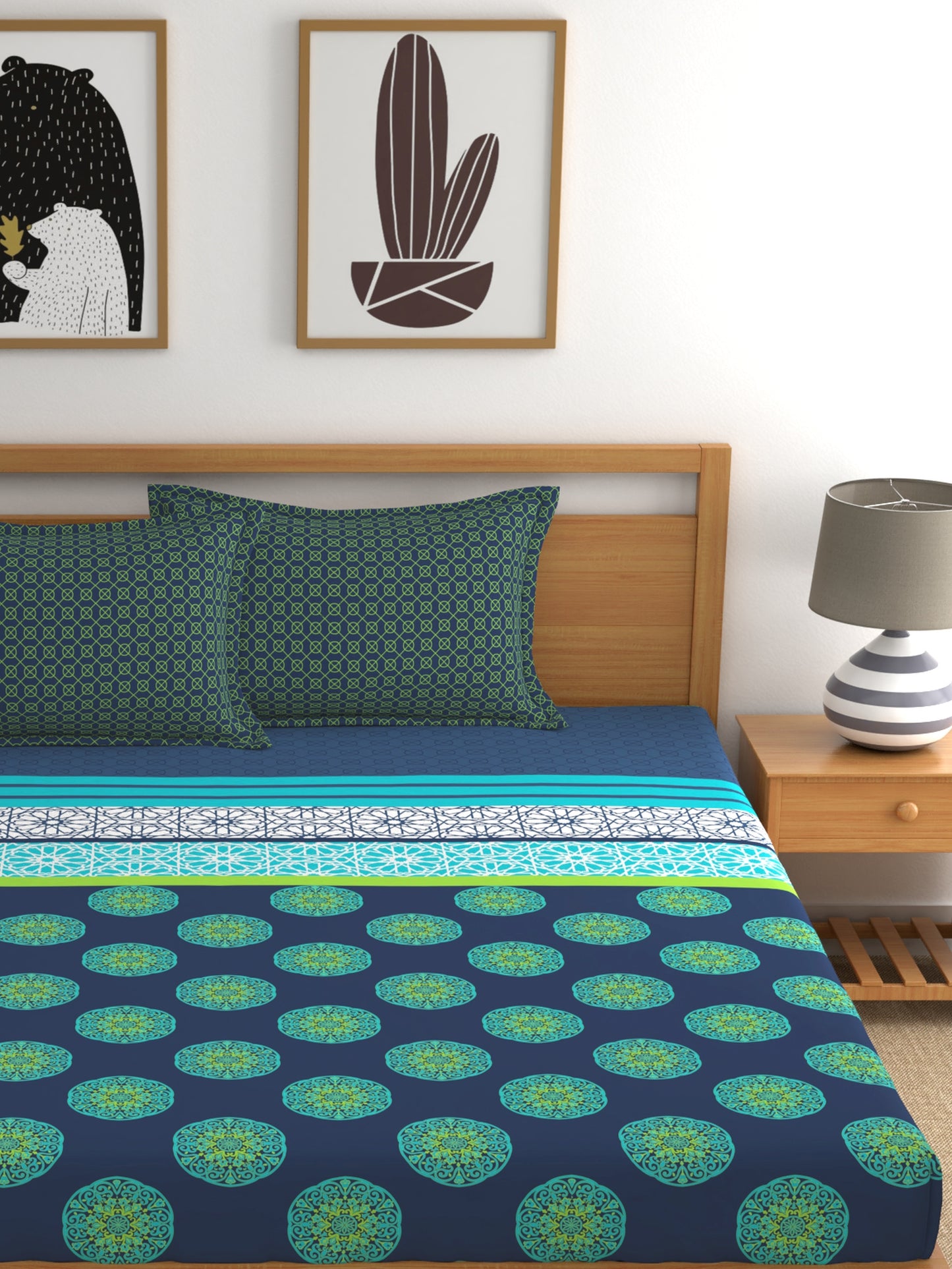 Dreamscape 100% Cotton Ethnic Bedsheet Set | 140 TC | Teal Blue