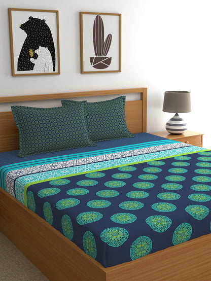 Dreamscape 100% Cotton Ethnic Bedsheet Set | 140 TC | Teal Blue