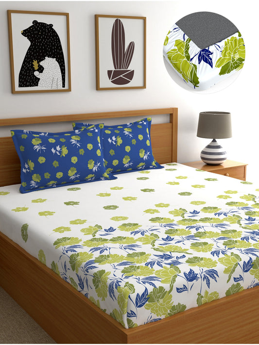 Dreamscape 100% Cotton 140 TC Floral Bedsheet Set - Colour: Blue