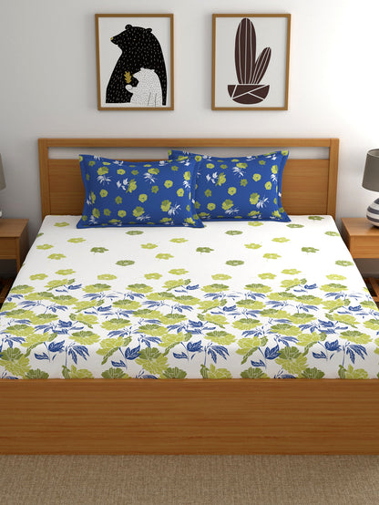 Dreamscape 100% Cotton 140 TC Floral Bedsheet Set - Colour: Blue