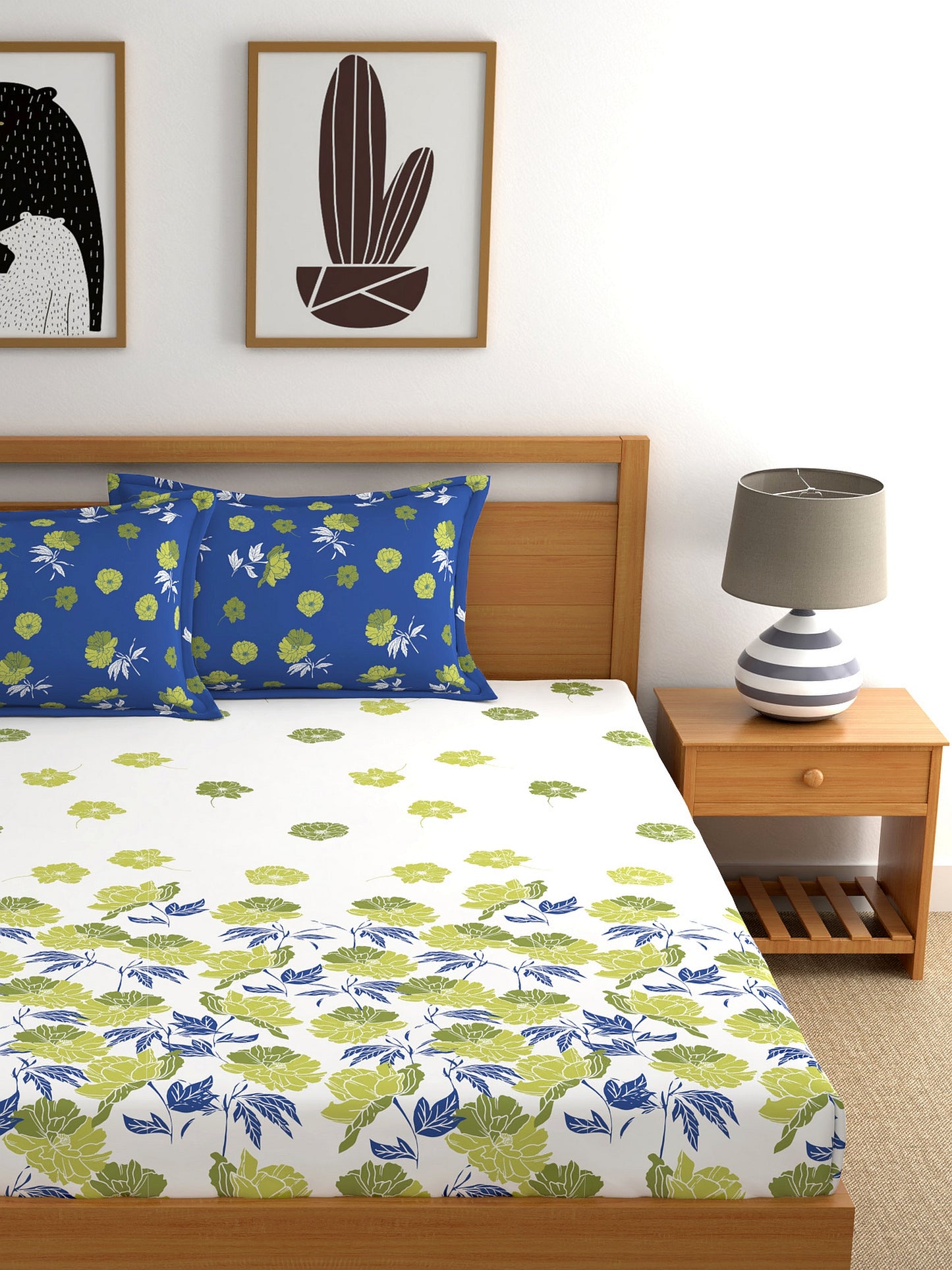 Dreamscape 100% Cotton 140 TC Floral Bedsheet Set - Colour: Blue