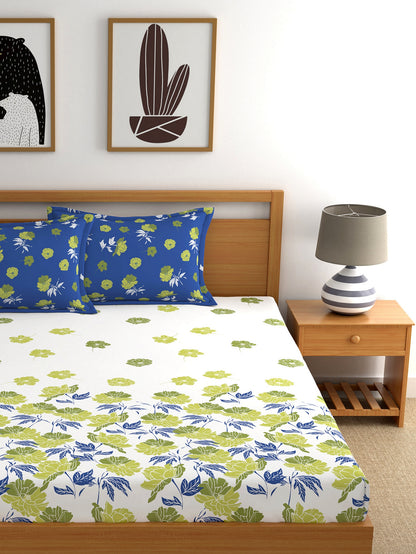 Dreamscape 100% Cotton 140 TC Floral Bedsheet Set - Colour: Blue