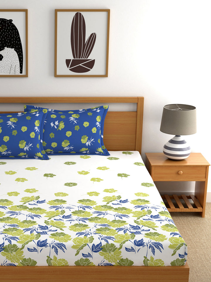Dreamscape 100% Cotton Floral Bedsheet Set | 140 TC | Blue
