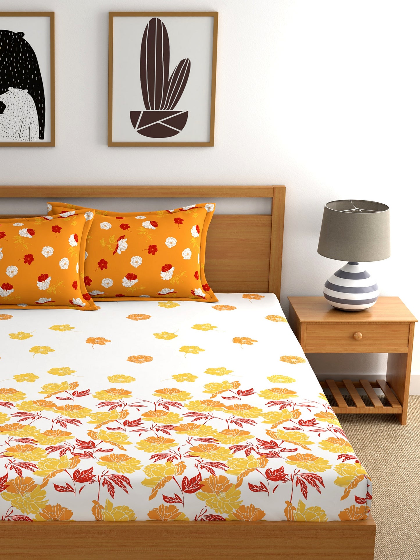 Dreamscape 100% Cotton Floral Bedsheet Set | 140 TC | Orange