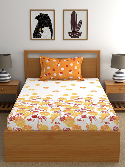 Dreamscape 100% Cotton Floral Bedsheet Set | 140 TC | Orange