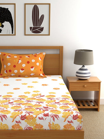 Dreamscape 100% Cotton Floral Bedsheet Set | 140 TC | Orange