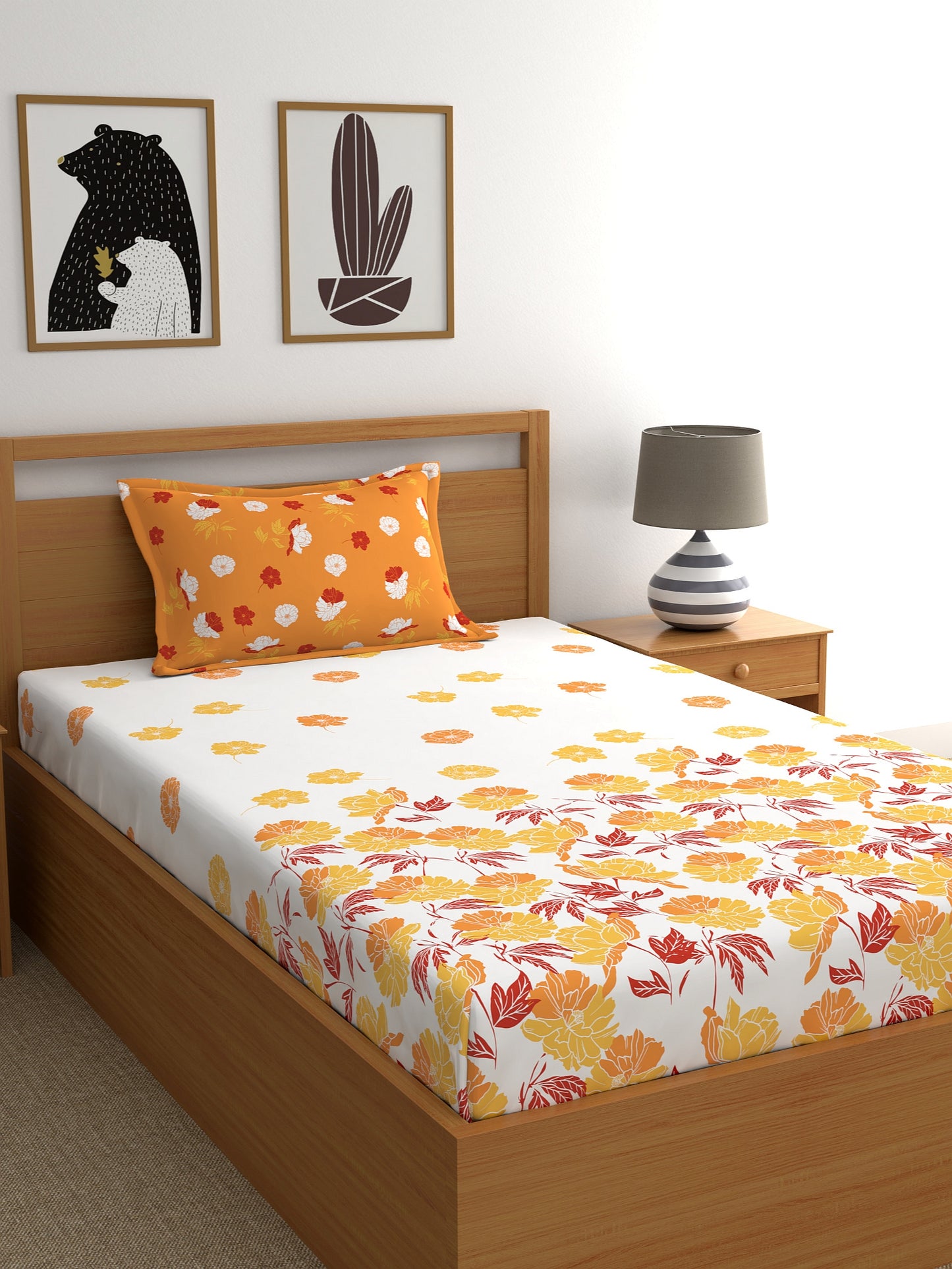 Dreamscape 100% Cotton Floral Bedsheet Set | 140 TC | Orange